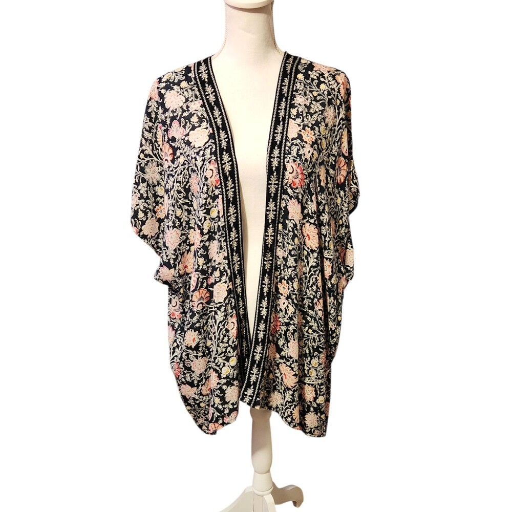 Loft Kimono Style Top Cover Up Black Pink Floral Modal Womens Size M/L